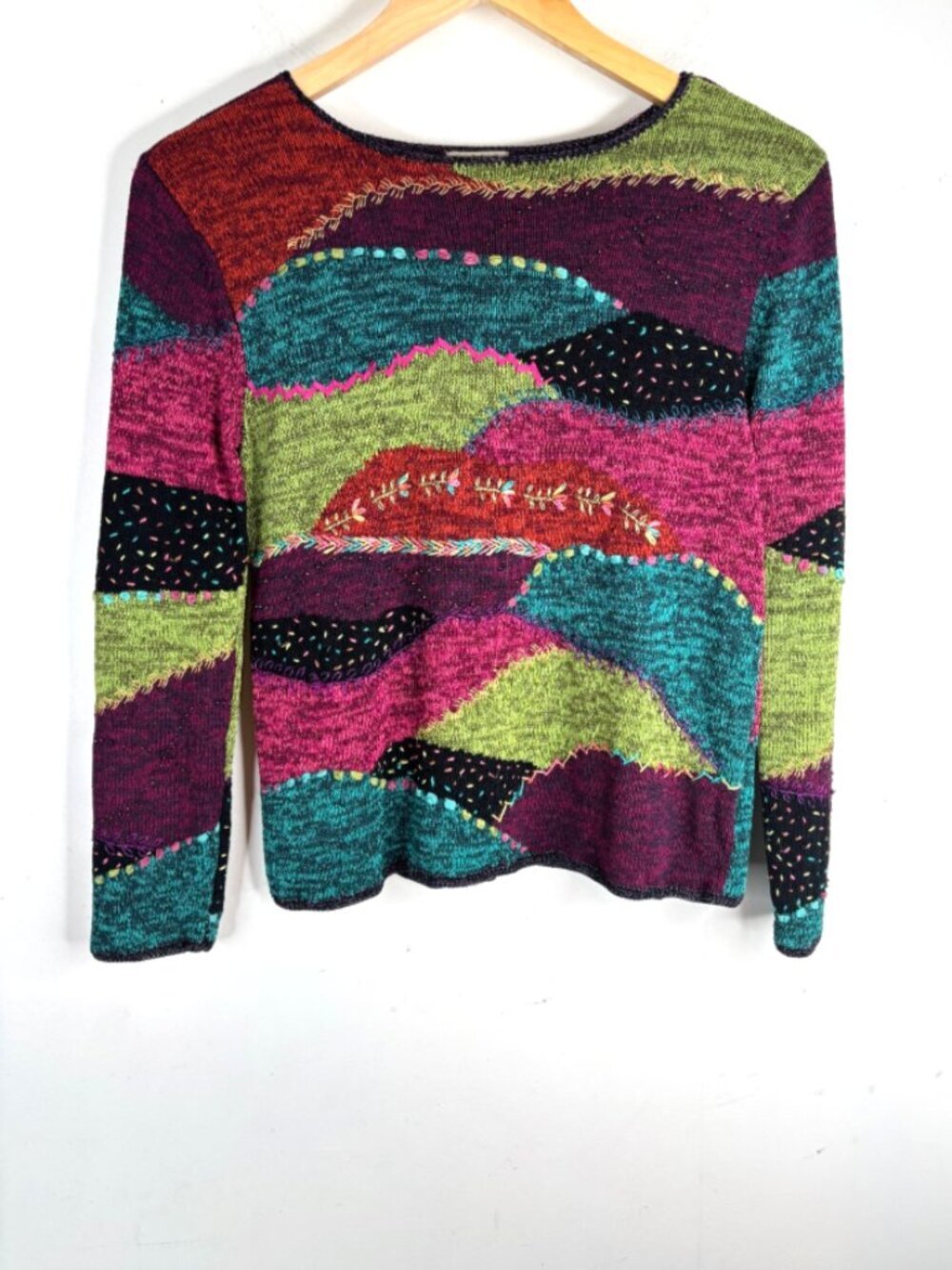 VTG 90s Sigrid Olsen Patchwork Sweater S Embroidered  Y2K Artsy Cottage Granny